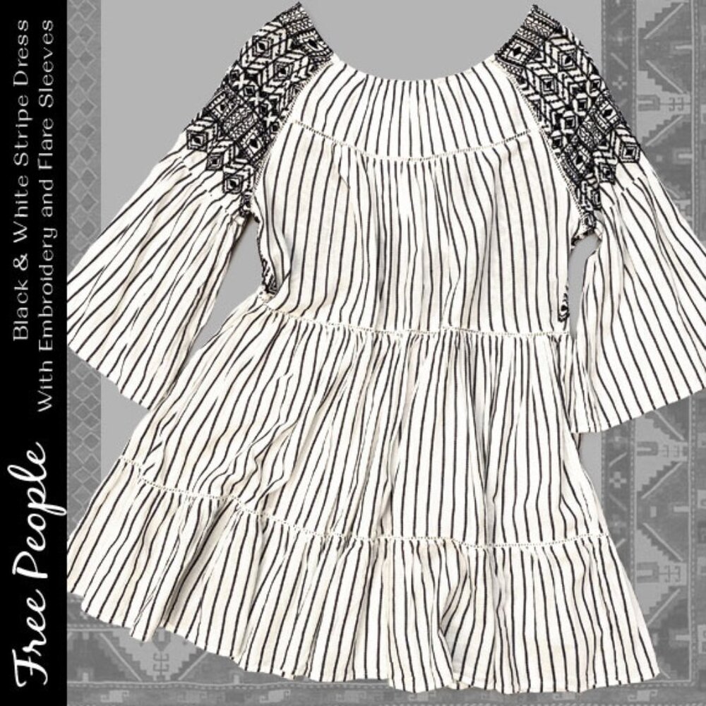 NWT Free People Black & White Stripe Dress with Emboidery and Flare Sleeves